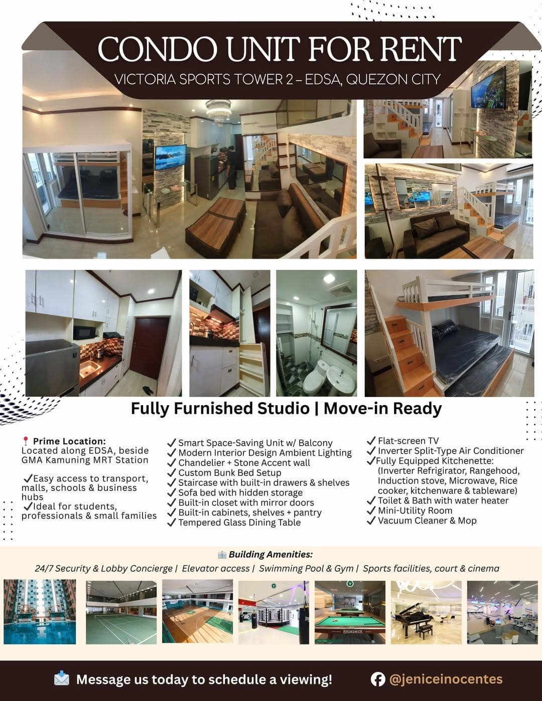 Hi! Available na po ang condo for rent at Victoria Sports Tower, Kamuning, QC
