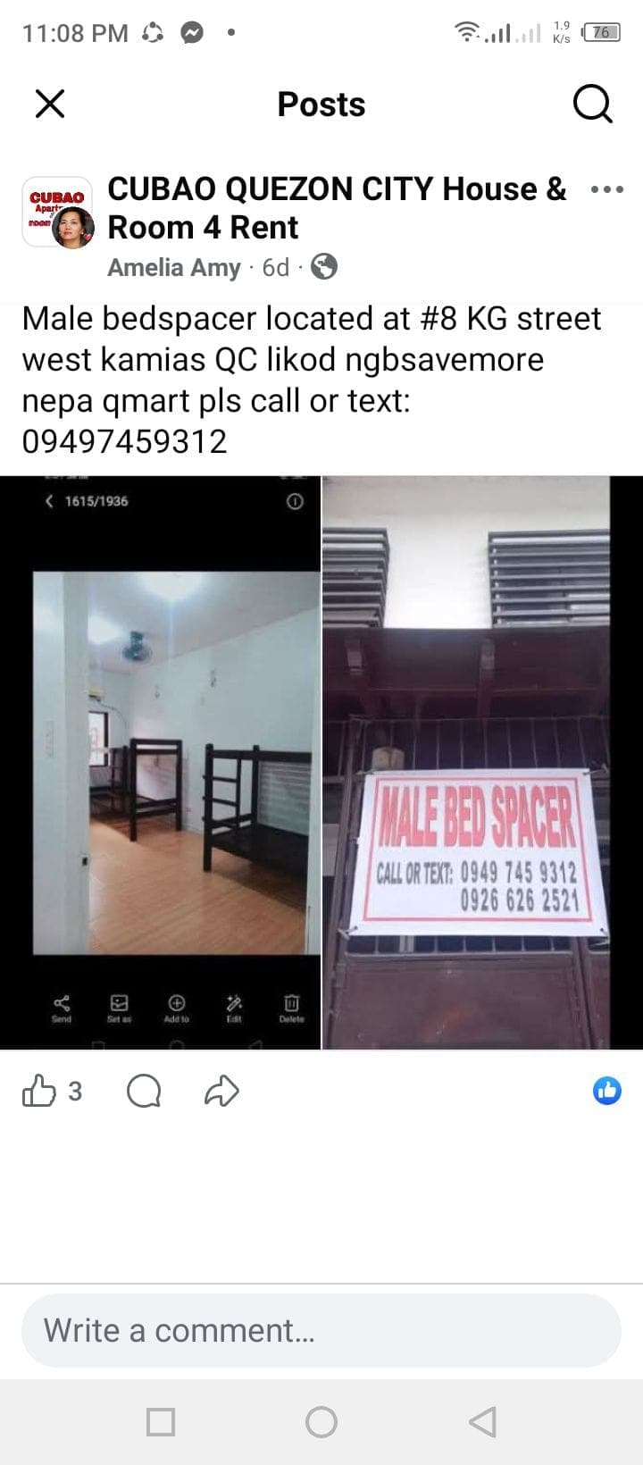 Male bedspacer located at #8 kg street brgy west kamias quezon city cp # 09497459312 likod ng savemore nepa q mart
